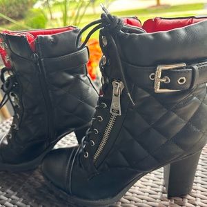 Black leather Guess booties size 10, 3 inch heel.